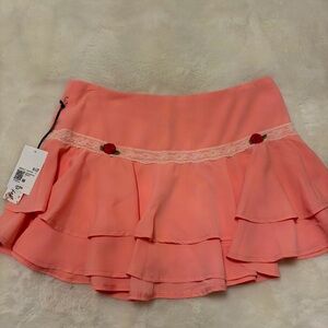 Betsey Johnson Pink Coral Ruffle Mini Skirt with Lace & Rose Appliqués